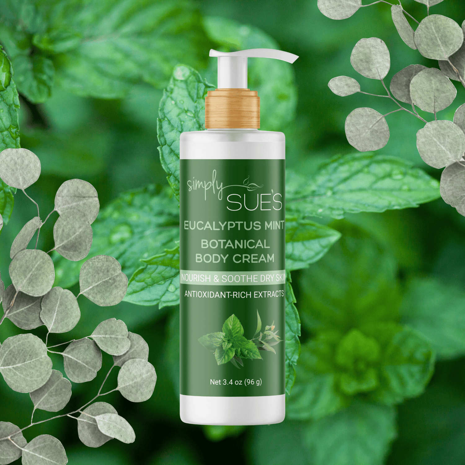 Simply Sue’s Eucalyptus Mint Body Cream with a background of fresh peppermint and eycalyptus leaves