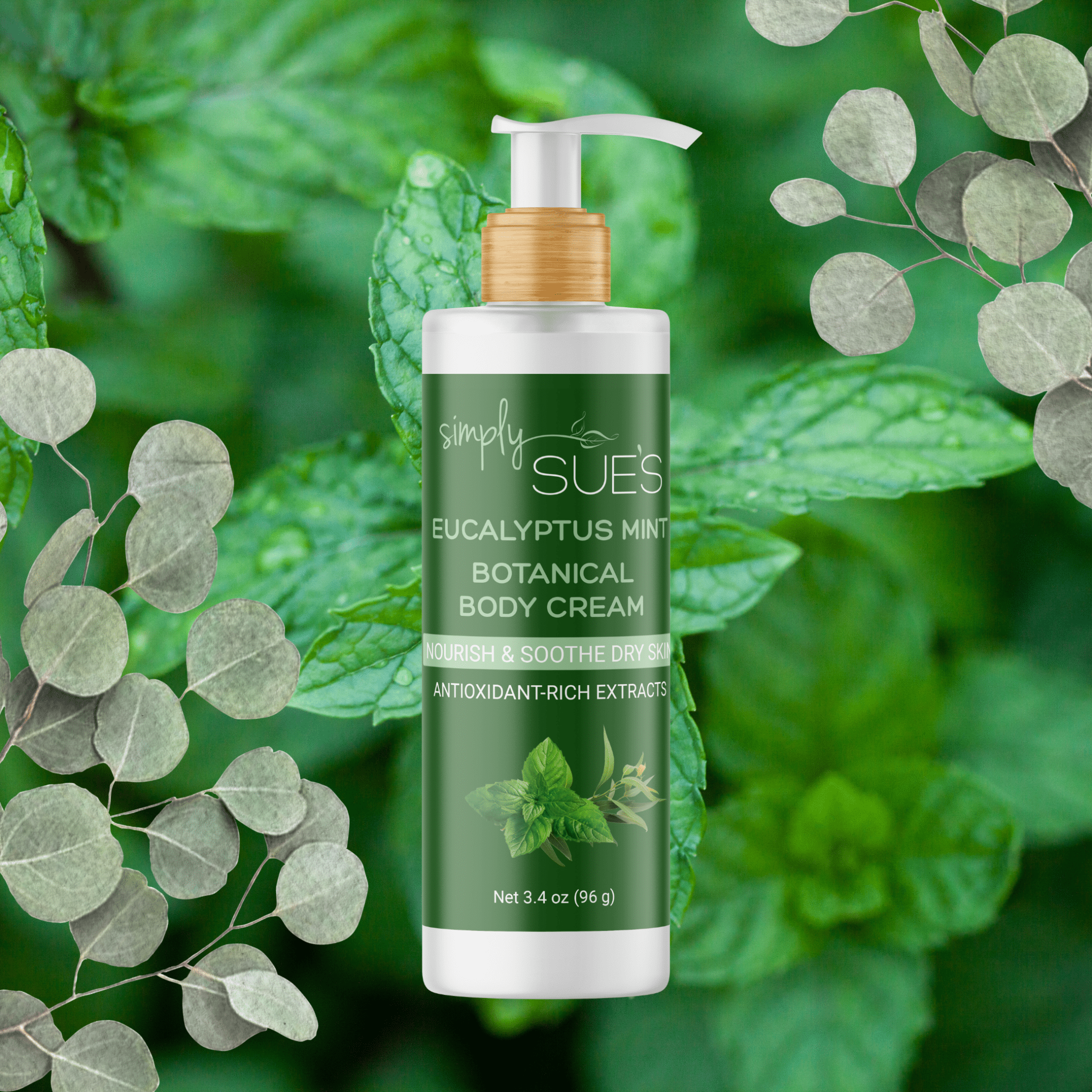 Simply Sue’s Eucalyptus Mint Body Cream with a background of fresh peppermint and eycalyptus leaves