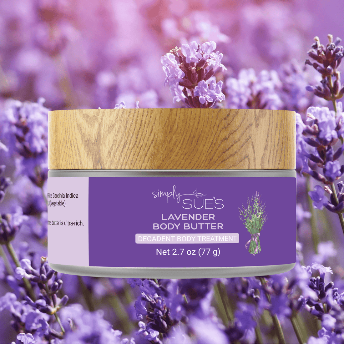 For dry skin, Lavender Body Butter in a glass jar with a bamboo cap from Simply Sue&