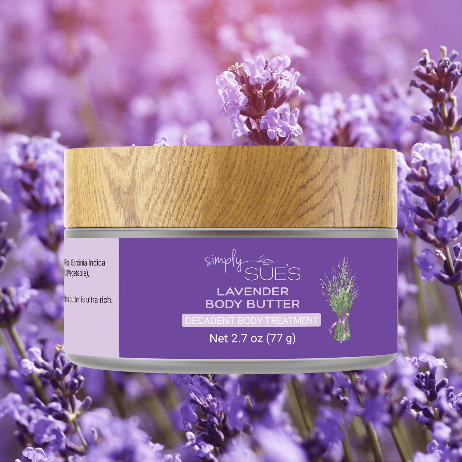 For dry skin, Lavender Body Butter in a glass jar with a bamboo cap from Simply Sue&
