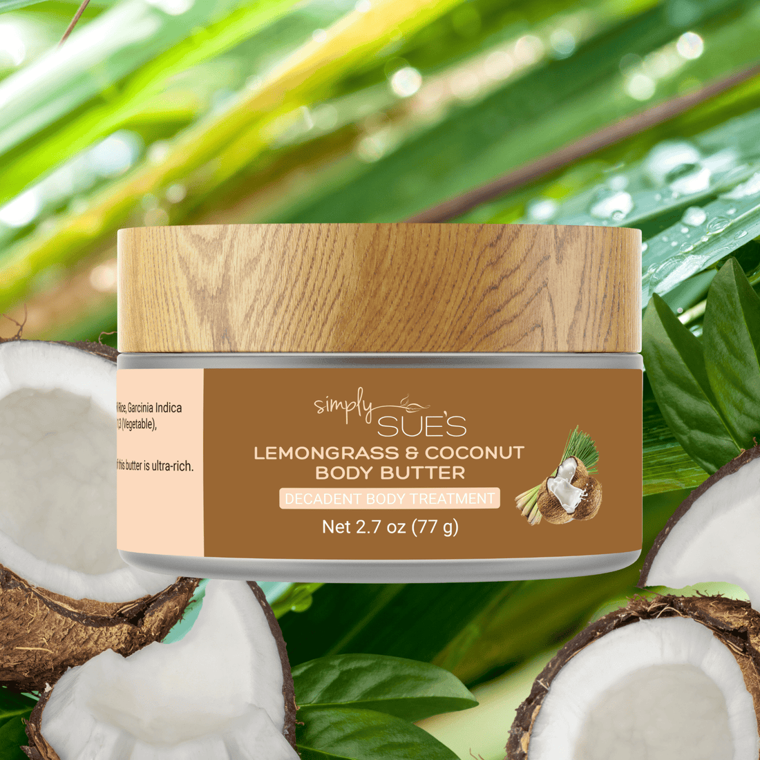 Lemongrass & Coconut Body Butter in a glass jar with a bamboo cap with a background of fresh lemongrass and coconut pieces