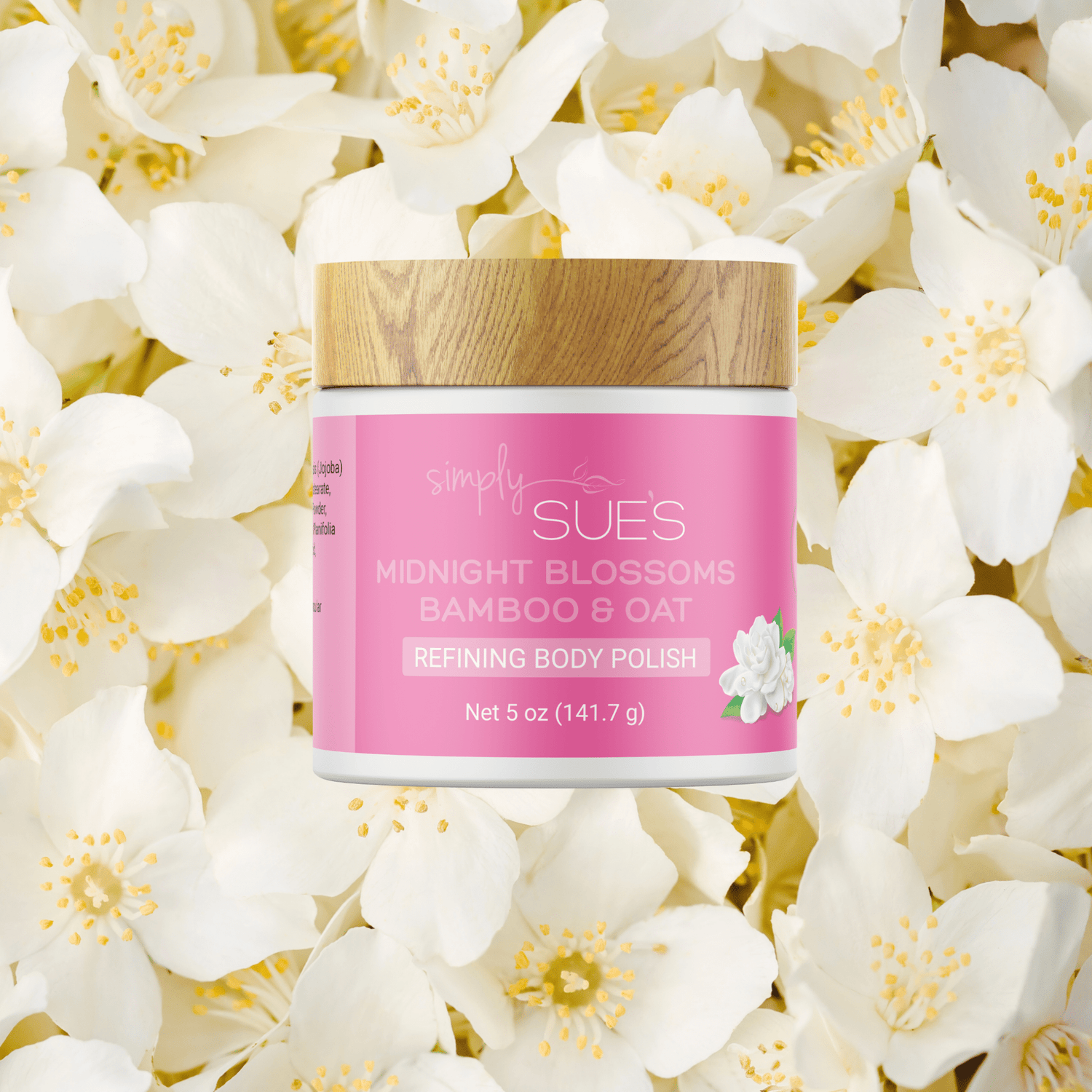 All natural Midnight Blossom Body Polish in a white jar with bamboo cap from Simply Sue&