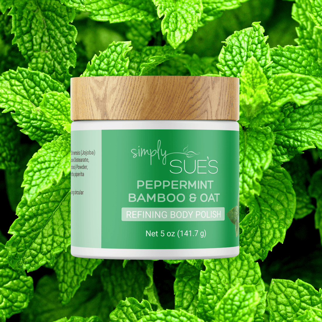 Peppermint Body Polish in a white jar with bamboo cap from Simply Sue&