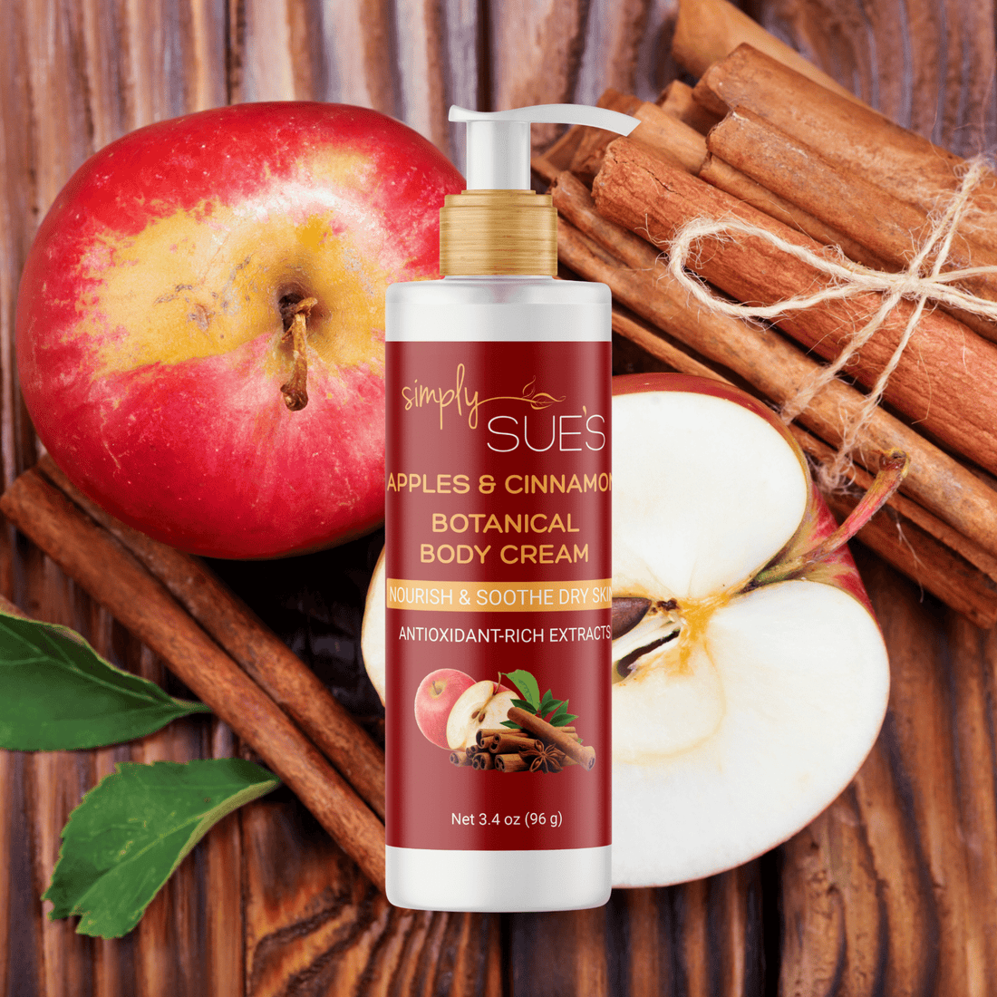 Apples  &amp; Cinnamon Body Cream with a background of fresh apples and cinnamon sticks