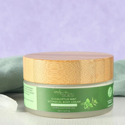 Eucalyptus Mint body cream in glass jar with bamboo cap, natural moisturizing skincare