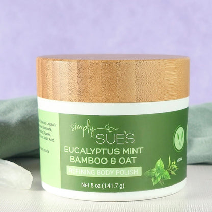 Eucalyptus Mint body polish, exfoliating sugar scrub that smooths dry skin, in a white jar with bamboo lid