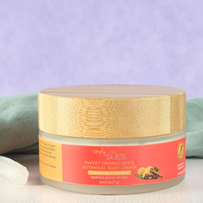 Sweet orange spice body cream in glass jar with bamboo cap, natural moisturizing skincare