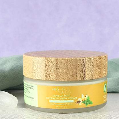 Vanilla mint body cream in glass jar with bamboo cap, natural moisturizing skincare