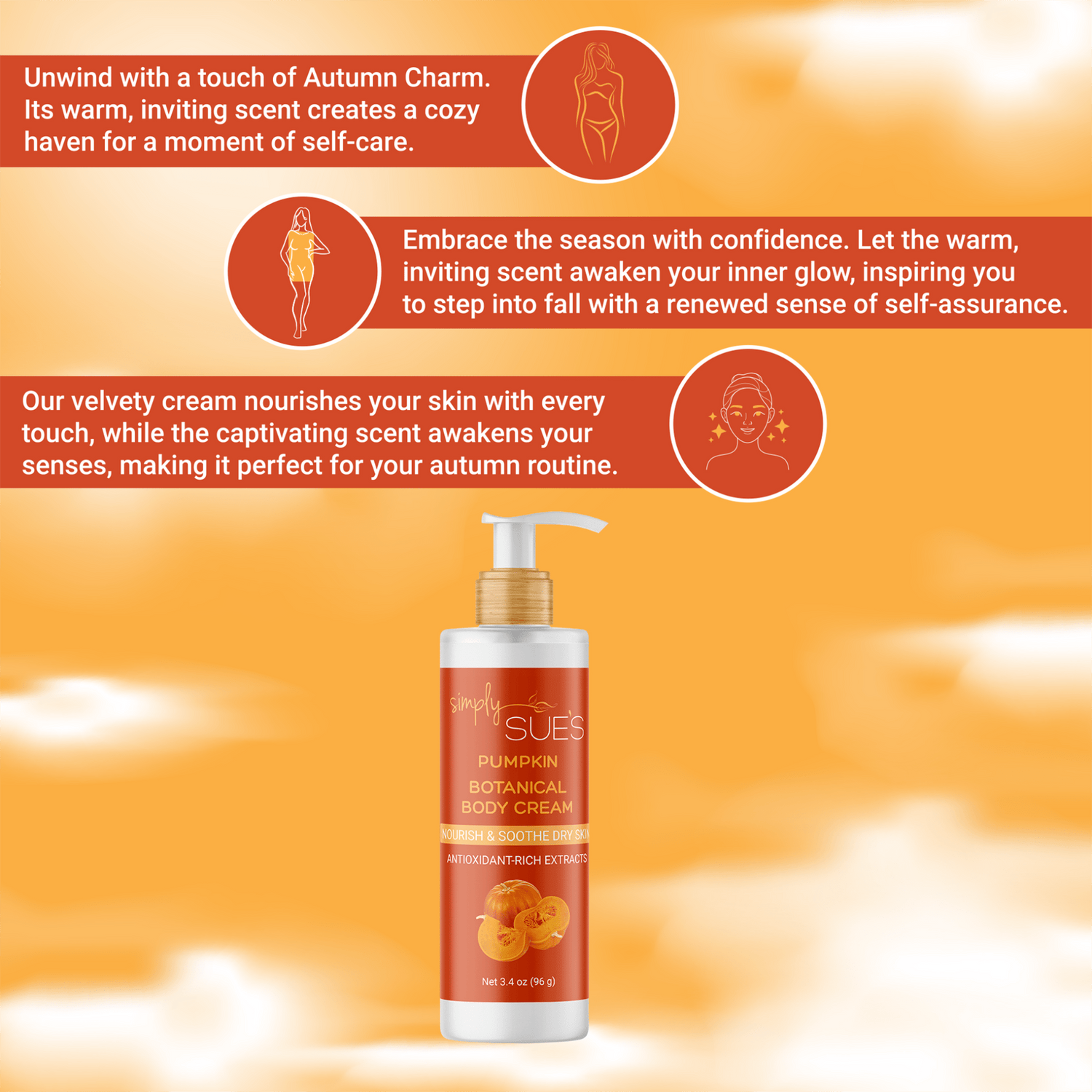 Infographic describing the nourishing and comforting  benefits of Simply Sue’s  Pumpkin Body Cream