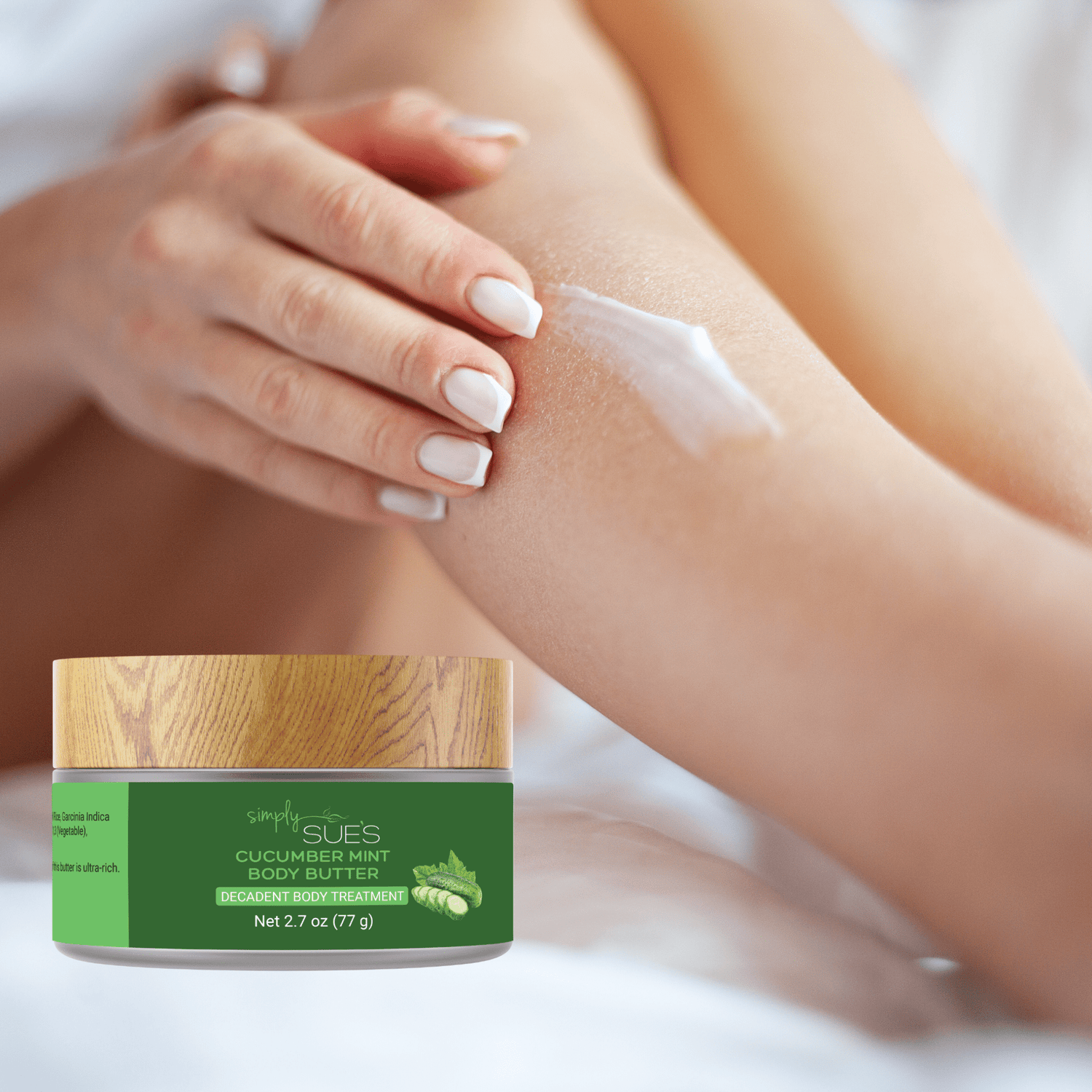 Woman applying Cucumber Mint Body Butter to leg from Simply Sue&