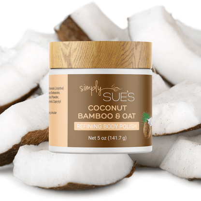 All Natural Coconut Polish in a white jar with bamboo cap and vegan icon with a background of fresh coconut pieces