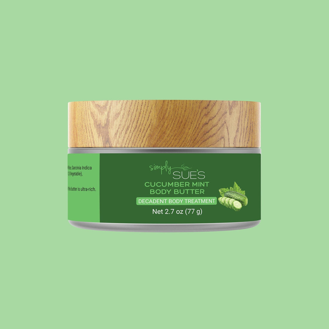 Cucumber Mint Body Butter for dry skin elegantly packaged in recyclable glass jar with bamboo cap from Simply Sue&