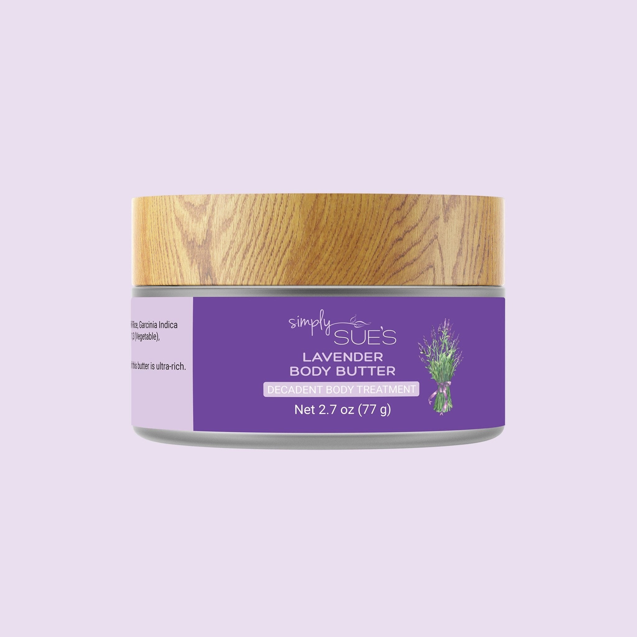 Synthetic fragrance free natural body butter  elegantly packaged in a recyclable glass jar with a bamboo cap from Simply Sue&