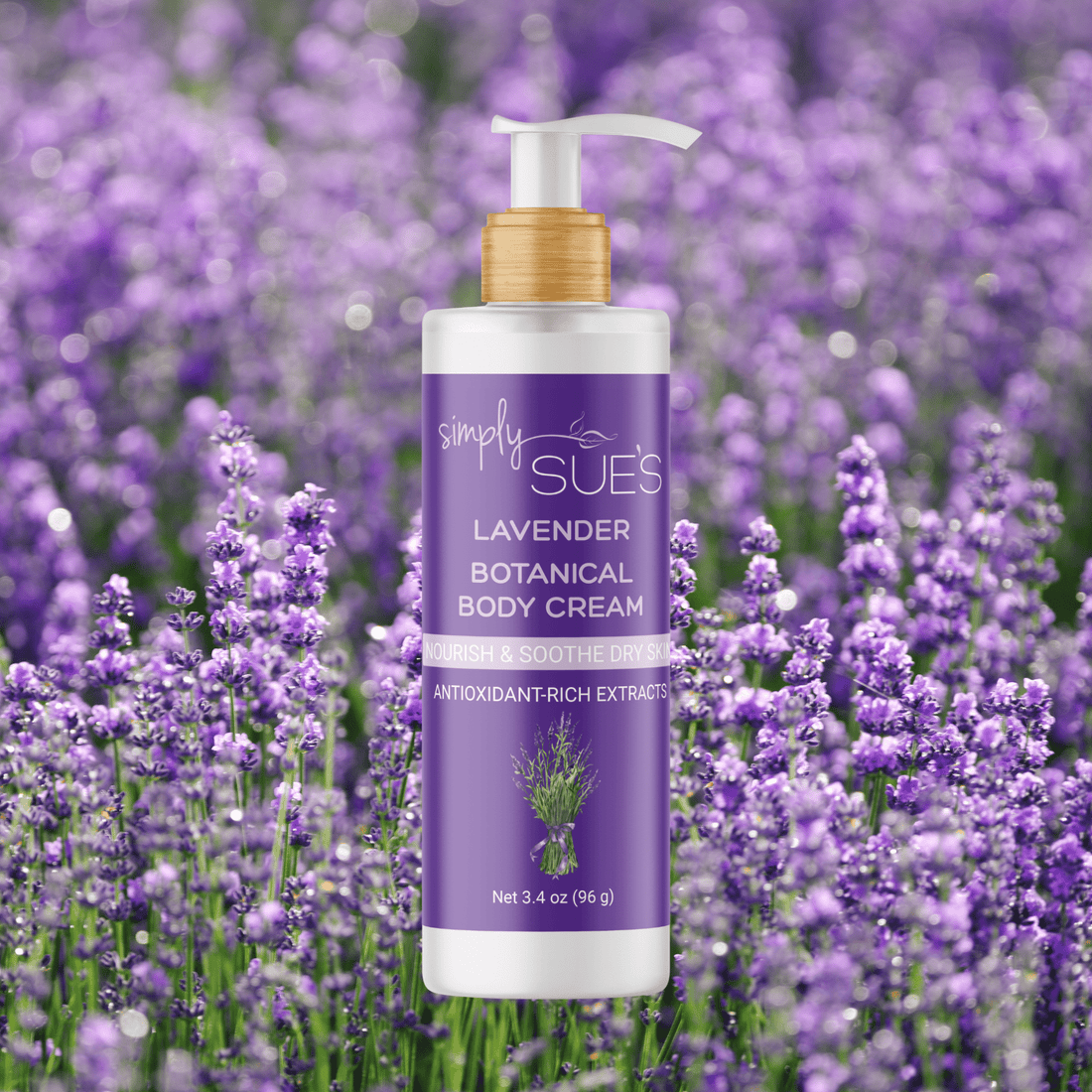 Simply Sue’s Lavender Body Cream with a background of fresh lavender fields 