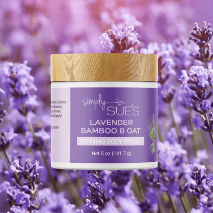Natural Lavender Body Polish in a white jar with a bamboo cap from Simply Sue&