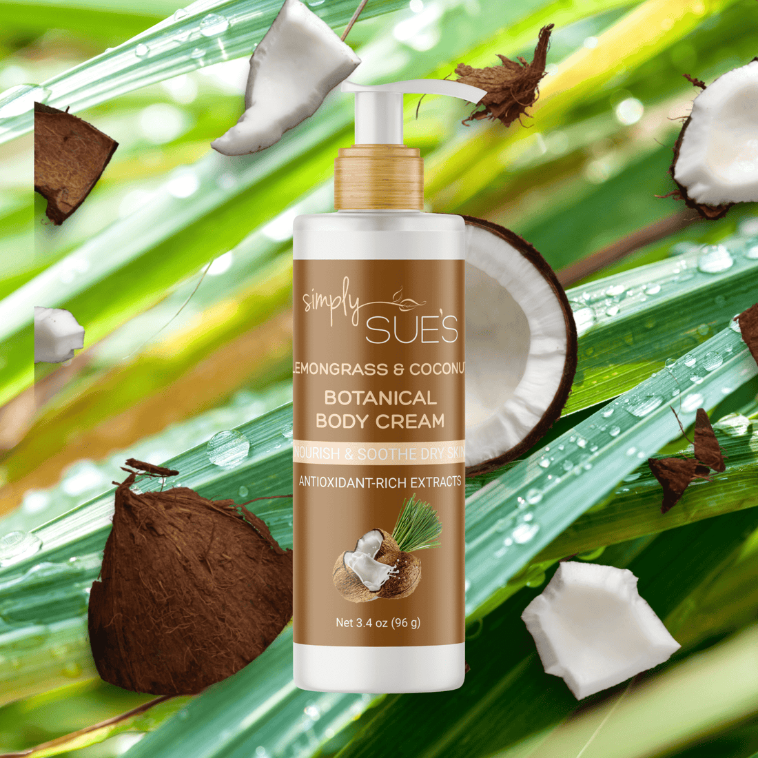 Simply Sue’s Lemongrass &amp; Coconut Body Cream with a background of freshly grown lemongrass and coconut pieces