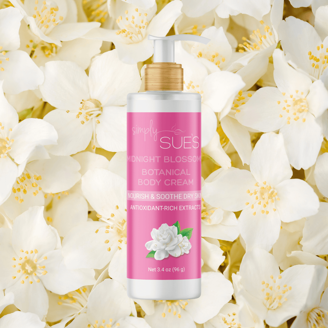 Simply Sue’s Midnight Blossom  Body Cream elegantly displayed on a background of fresh jasmine flowers