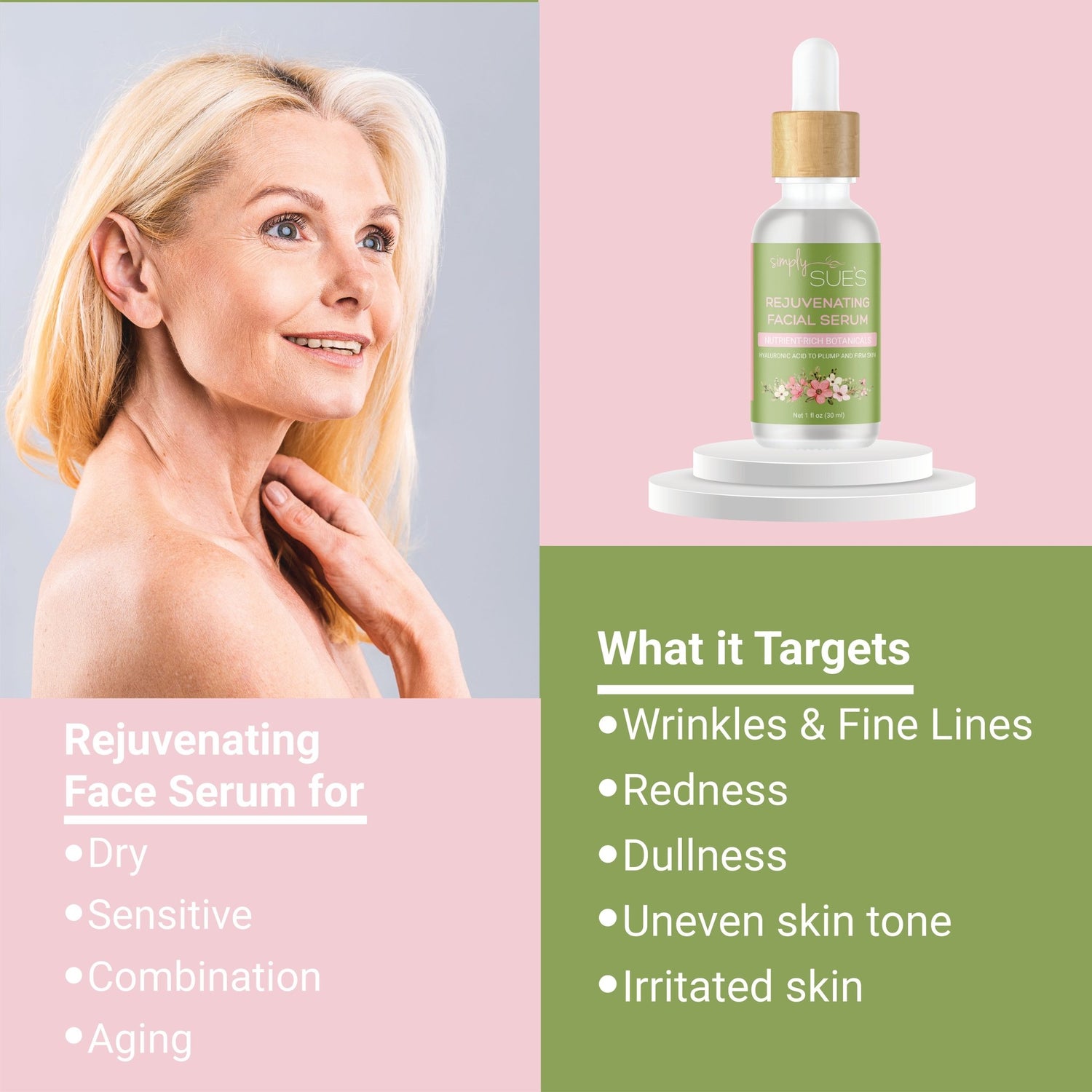 Graphic showing a mature woman, describing the type of skin the Simply Sue&