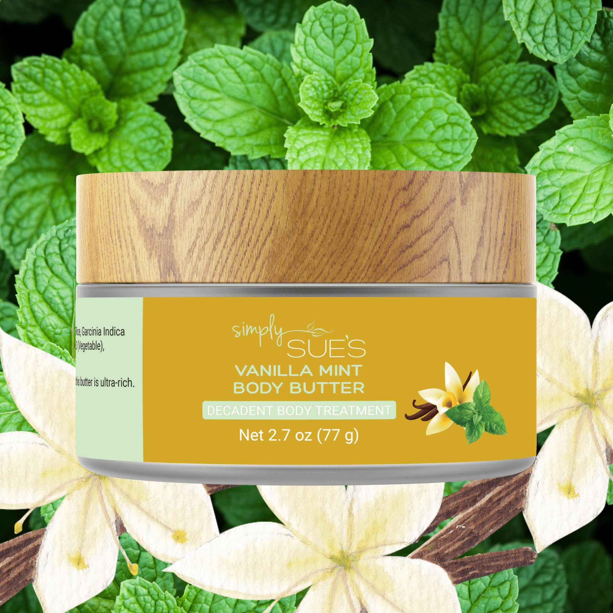 Vanilla Mint Body Butter on background of fresh mint and vanilla orchards