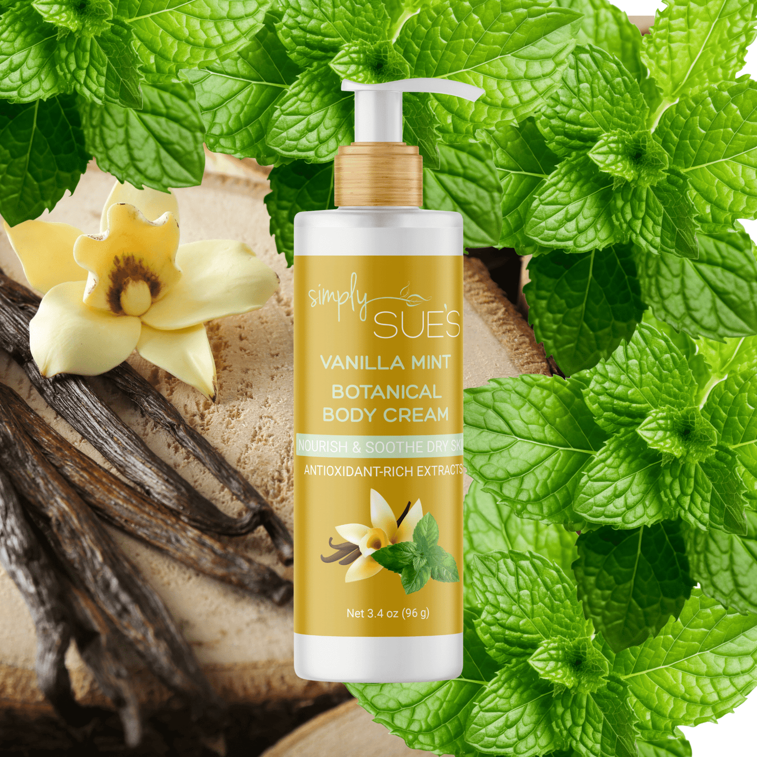 Simply Sue’s Vanilla Mint Body Cream with a background of vanilla beans, orchids and fresh peppermint leaves